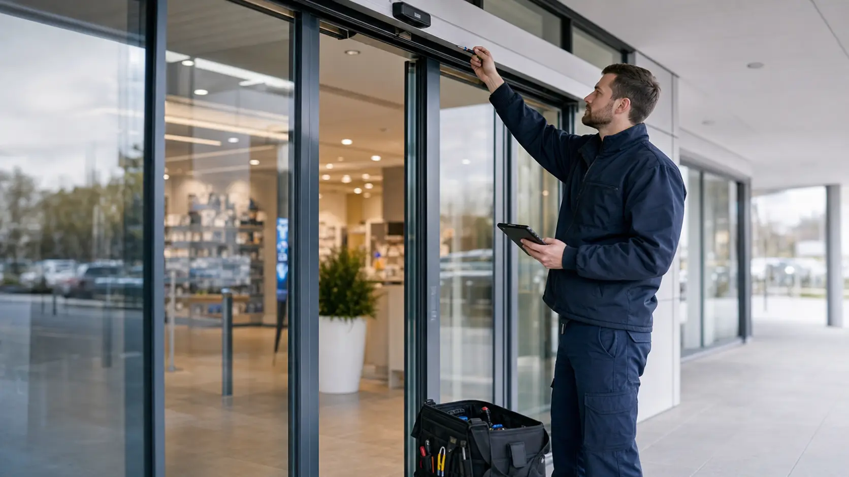 Commercial door engineer checking automatic entrance equipment